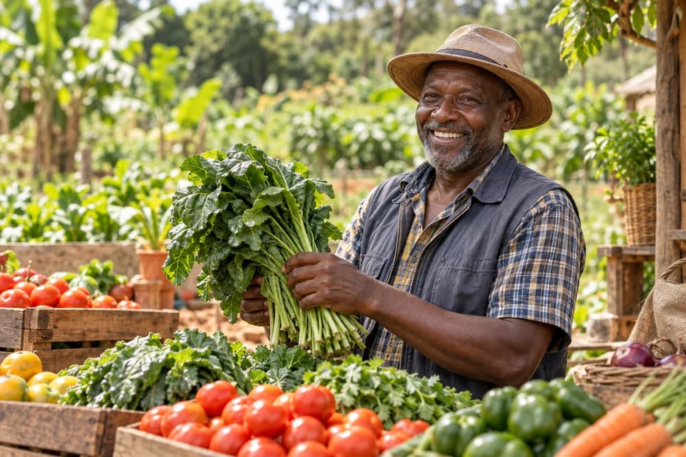 A farmer holding fresh produce at a vegetable stand