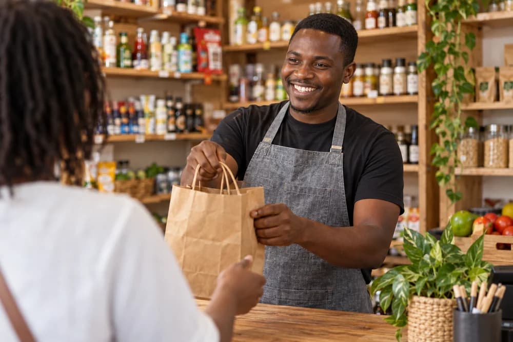 A retailer helping a customer at his shop