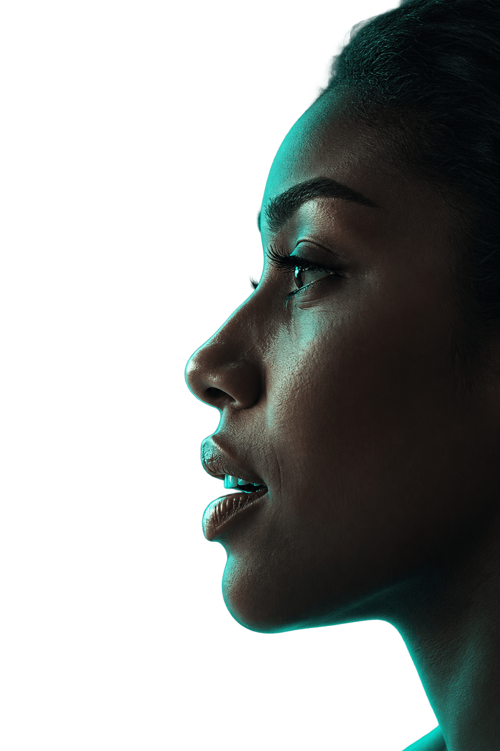 Profile portrait of a woman illuminated by a soft teal light