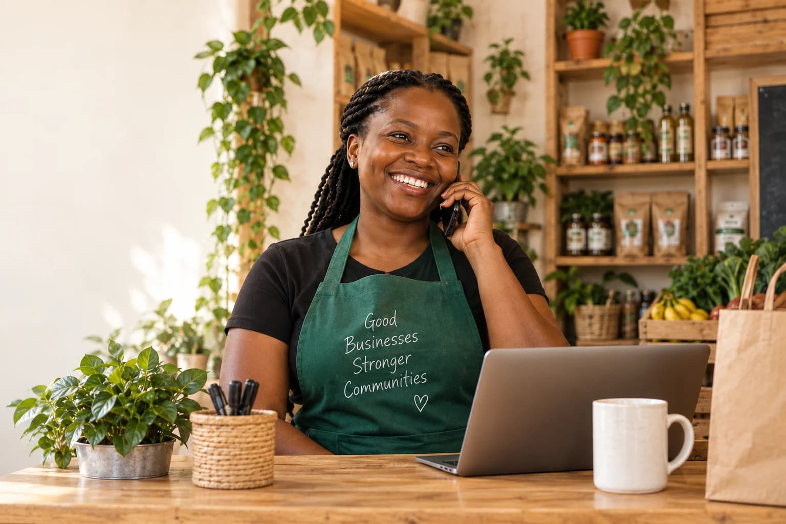 A smiling shopkeeper answering a call at her neighbourhood shop