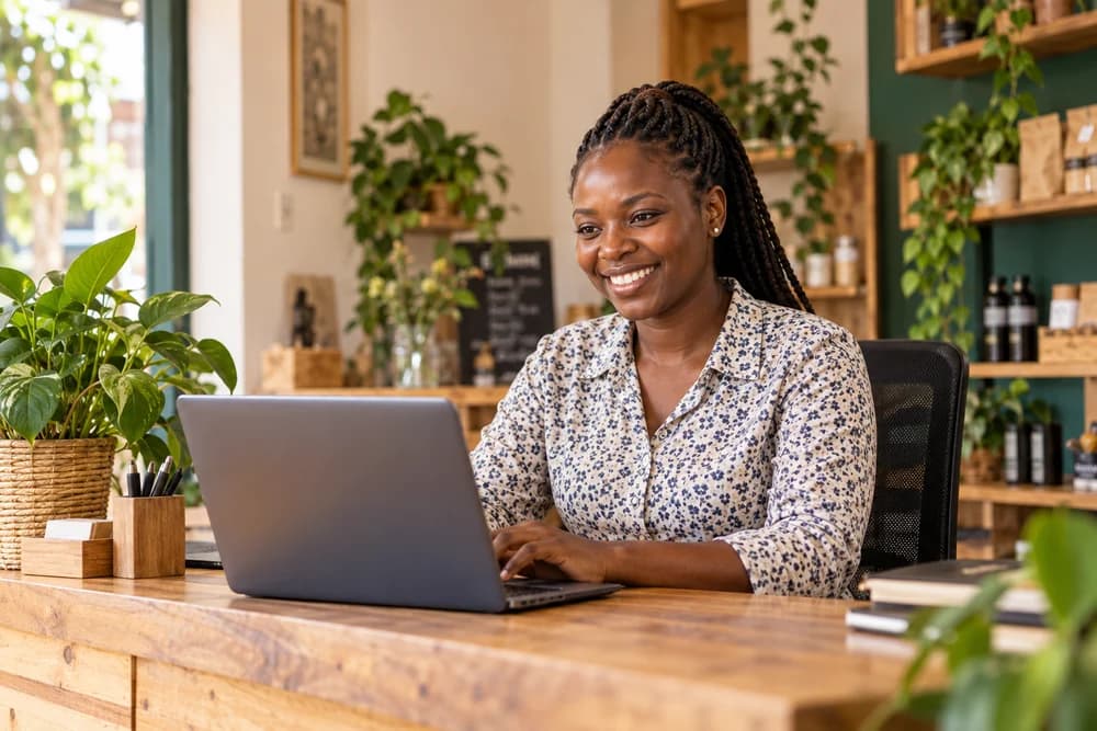 A receptionist welcoming enquiries at her desk